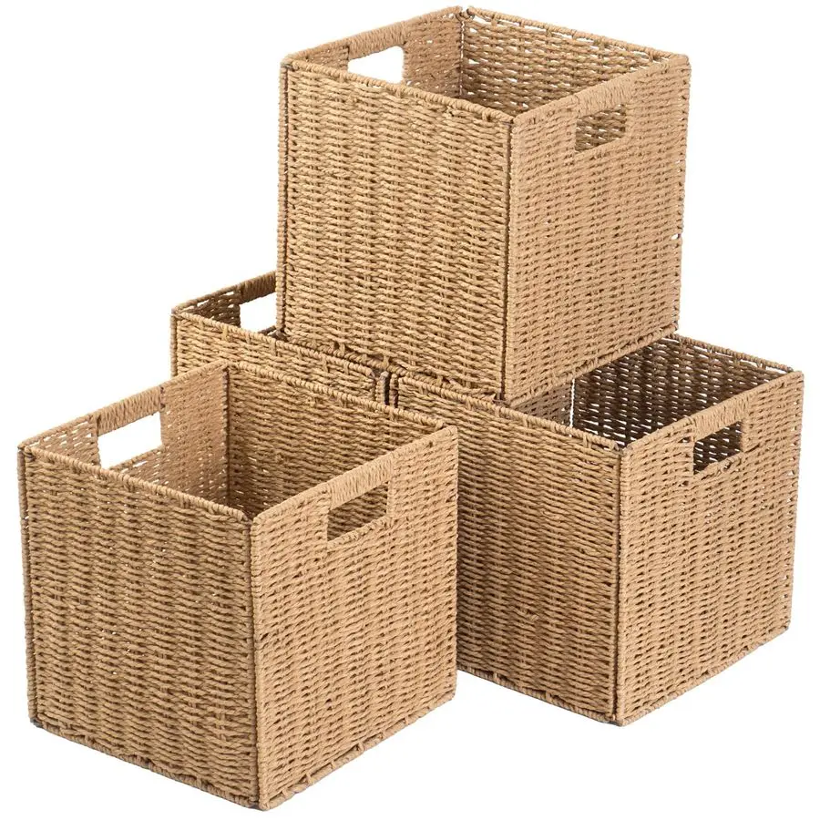 Foldable Storage Cube Bins Set of 4, Paper Woven Square Baskets, Natural, 11 x 11 x 11