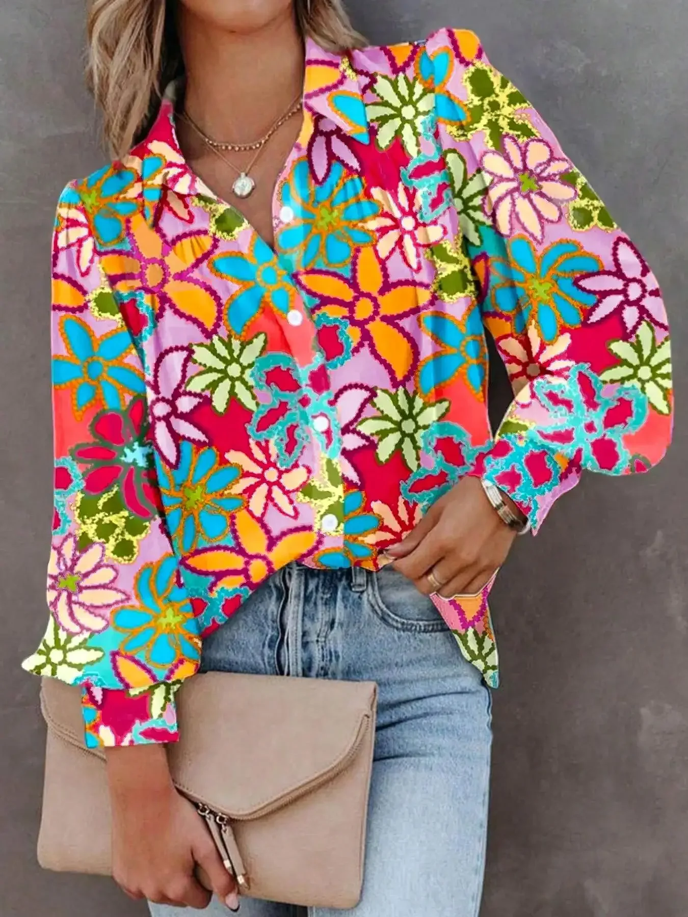 Women Fashion Plus Size 1XL-5XL Women's Lapel Floral Print Shirt Ladies Casual Elegant Blouse Long Sleeve Shirt