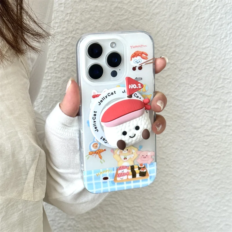 Korean Cute Sushi Magnetic Phone Case For iPhone 17 Pro 14 15 16 Pro Max Cover with Magsafe Stand Holder Kawaii Cases 17Pro Capa