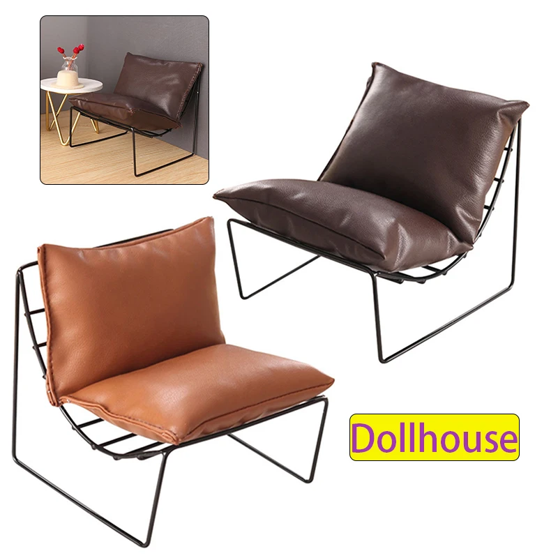 Dollhouse Miniature Iron Sofa Chair Leather Cushion Back Chair Furniture Model Dolls Living Room Scene Model Decor Toy