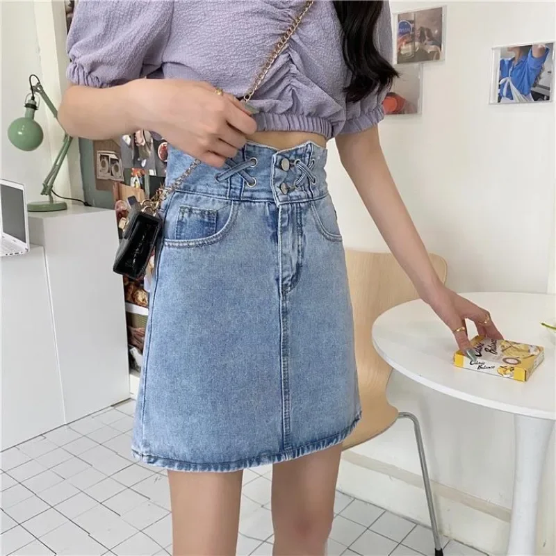 Female Jeans Skirts Blue with Pocket Short New in Streetwear Korean Style Fashion Summer 2025 High Quality V Women's Denim Skirt