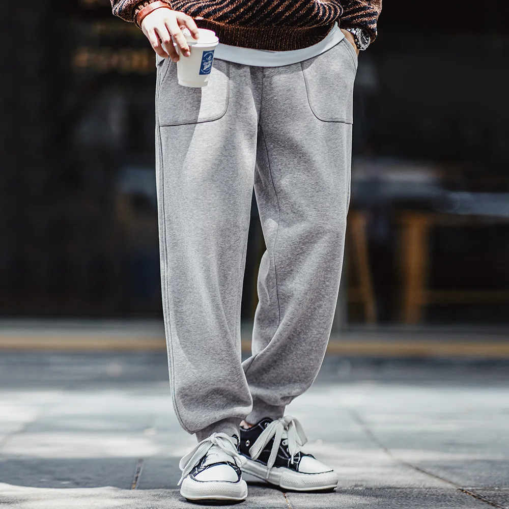 Maden Retro Fleece Sweatpants Solid Sporty Casual with Elastic Waist Tapered Pants for Men's Autumn and Winter Warm Trousers