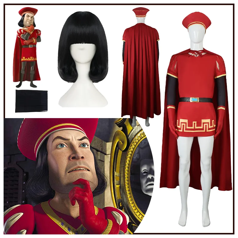 Shrek FILm Anime Cosplay Costume Farquaad Red Wig Cape Suit Glove Boys Men Daily Clothe Hat Cool Belt Sleeve Christmas Halloween