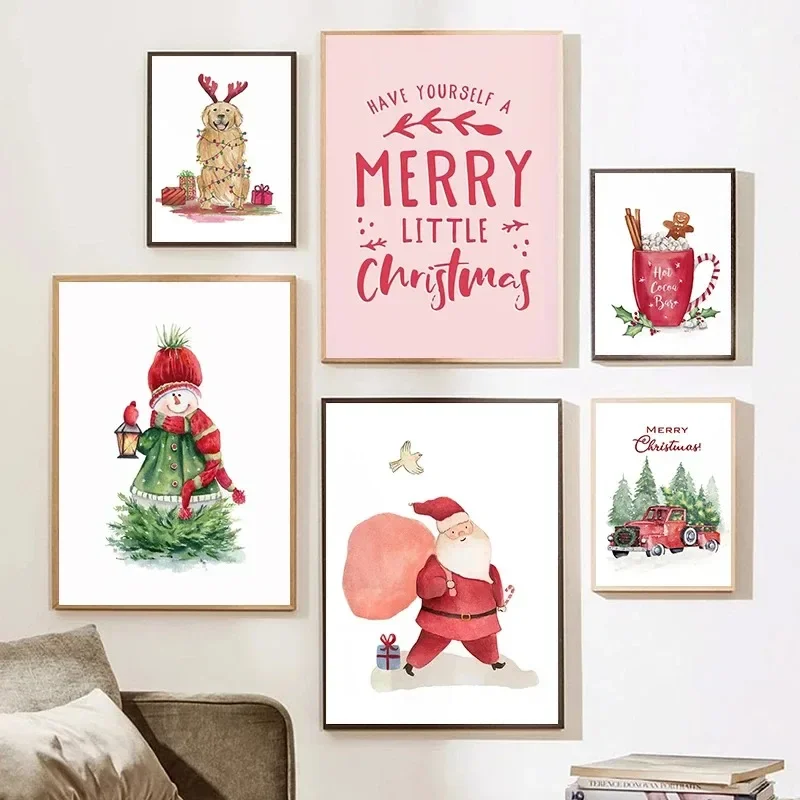 Cartoon Christmas Holiday Tree Sock Snowman Car Dog Wall Art Canvas Painting Posters And Prints Wall Pictures Kids Room Decor