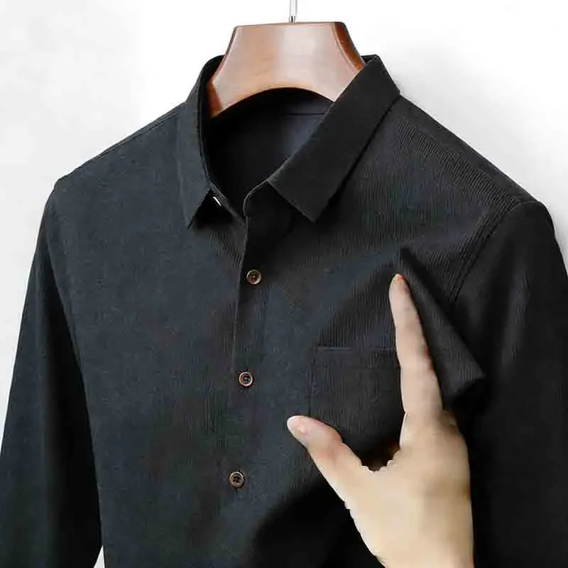 Vintage Black Corduroy Long Sleeve Shirt for Men Button Down Casual Business Party Daily Wear