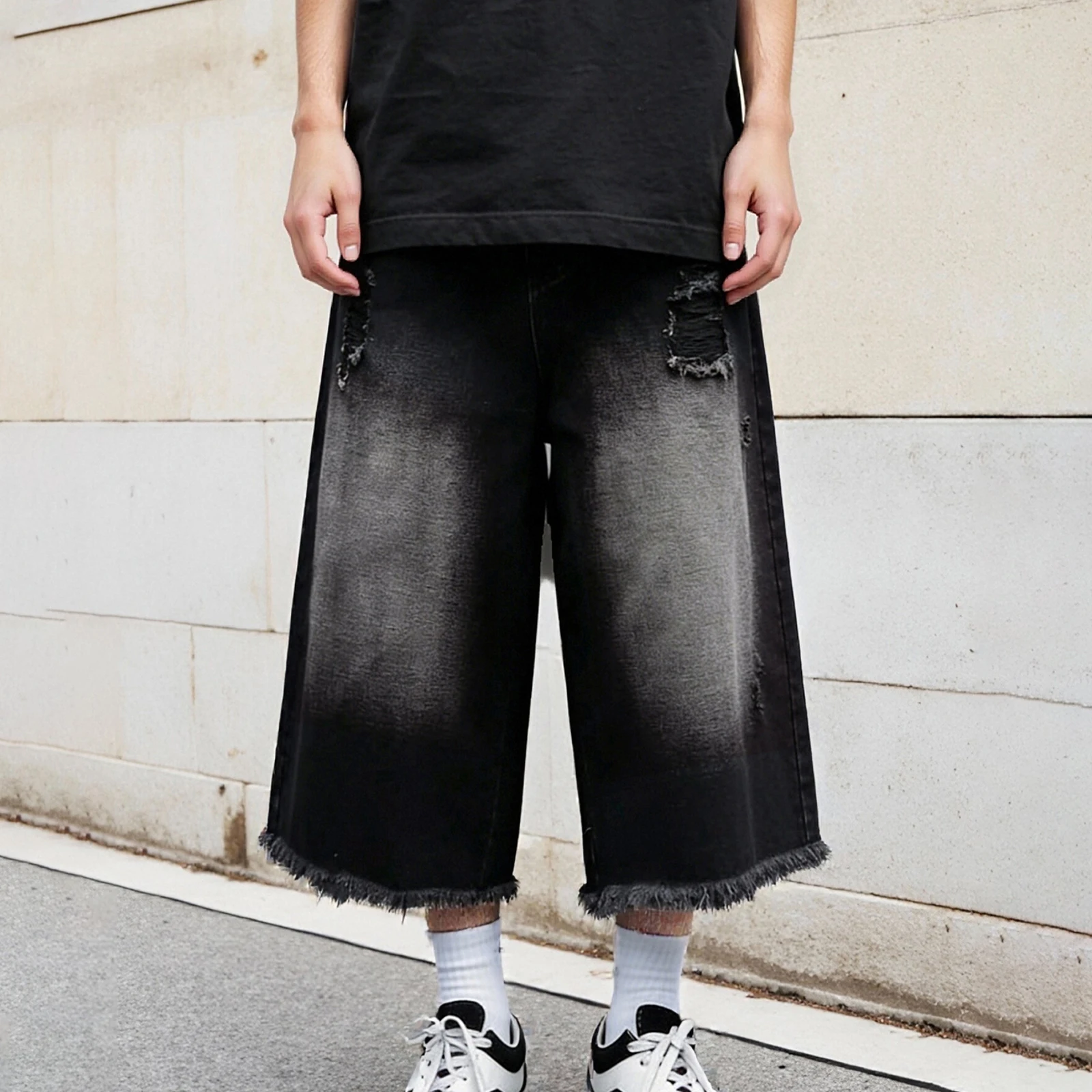 Men Cropped Jeans Washed Distressed Ripped Raw Trim Wide Leg Baggy Jorts Summer Denim Capris Pants Streetwear
