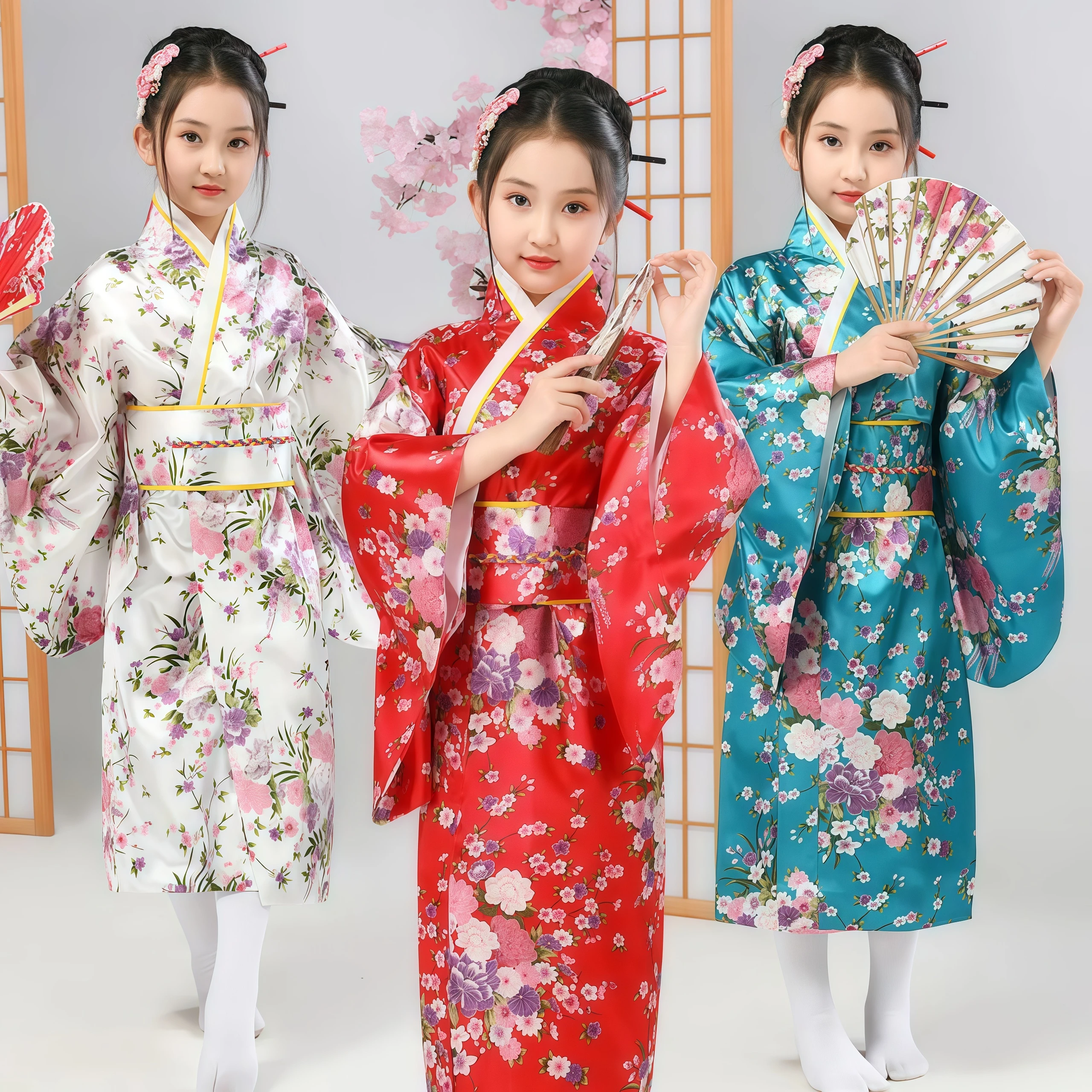 Kids Japanese Kimono Bathrobe Gown Japan Style Flower Yukata Dress Vintage Haori For Girl Halloween Cosplay Traditional Costume