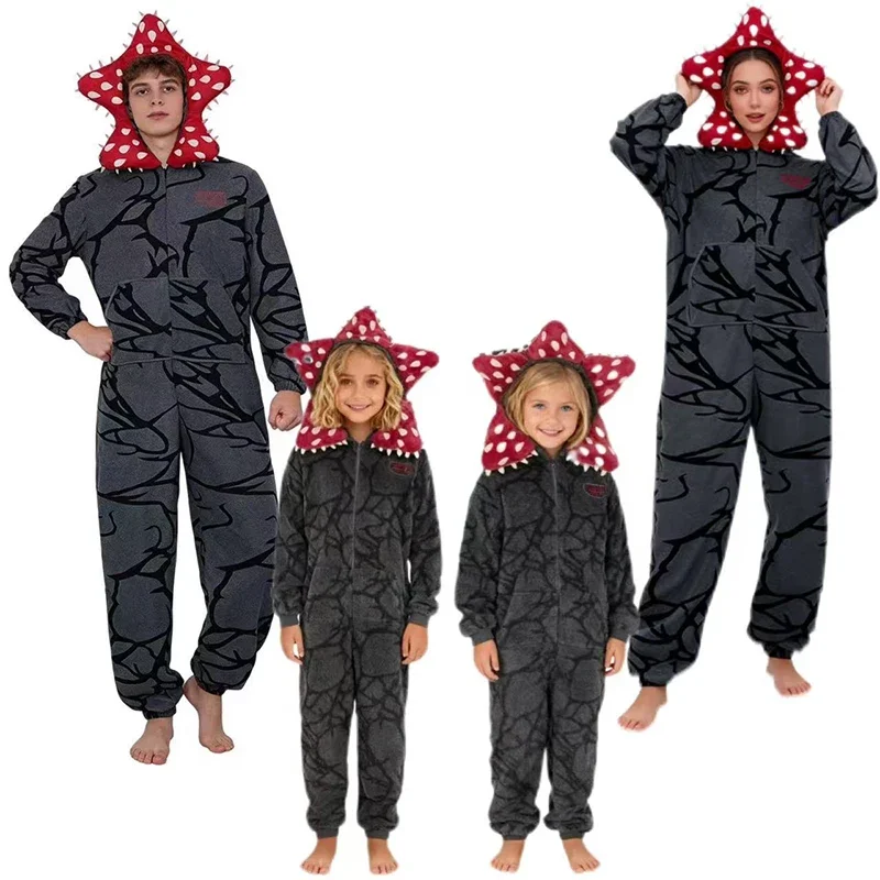 New Adult Kids Fall Winter Thicken Cannibal Flower Demogorgon Cosplay Costume Comfortable Flannel Fabric Pajamas Halloween Suits