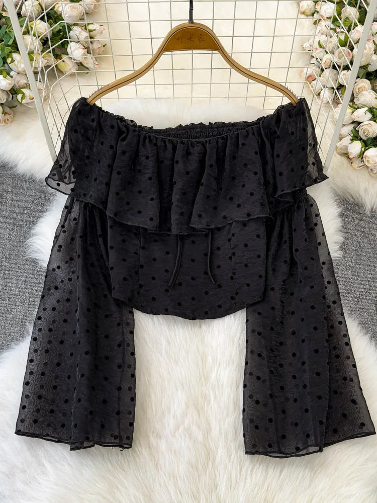 Women's Off Shoulder Vacation Blouse Spring Polka Dots Flounce Sleeves Design Tops Loose All Match Commuting Long Sleeves