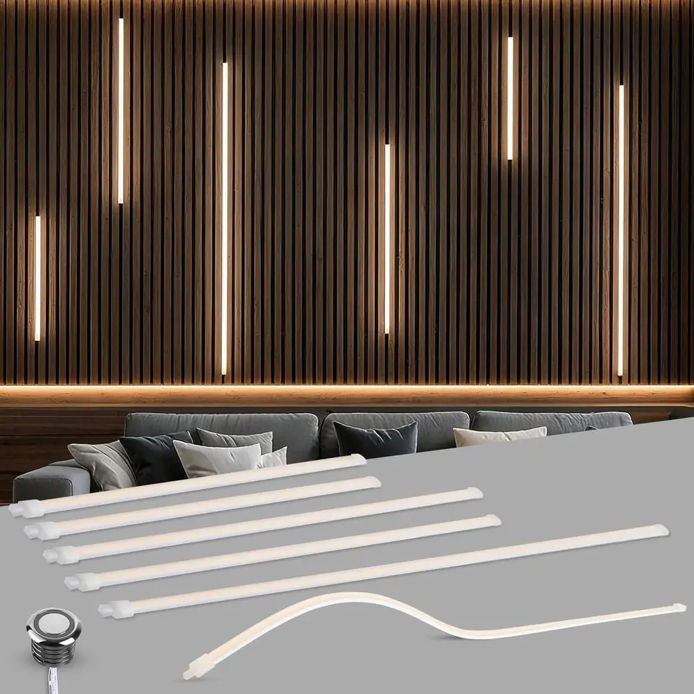 LED Reced Lighting Kit 6pcs Sel-Adhesive Warm White 3000K LED Strip Lights with Touch Sensor Switch or Wood Slat Wall Panels, bo
