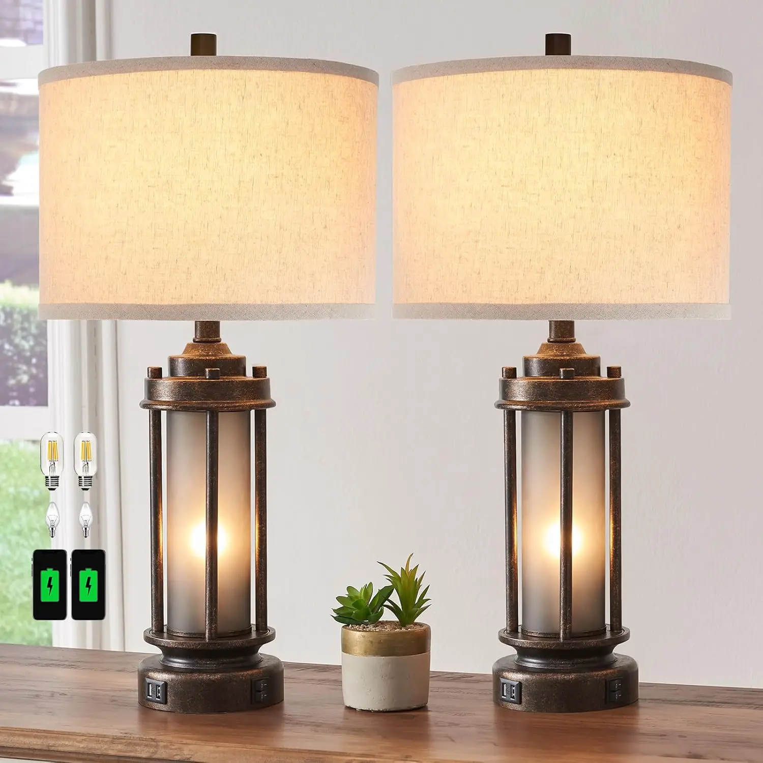 Set of 2 Rustic Farmhouse Lamps with USB Ports, Frosted Glass Night Light for Living Room or Bedroom, Includes 4 Bulbs