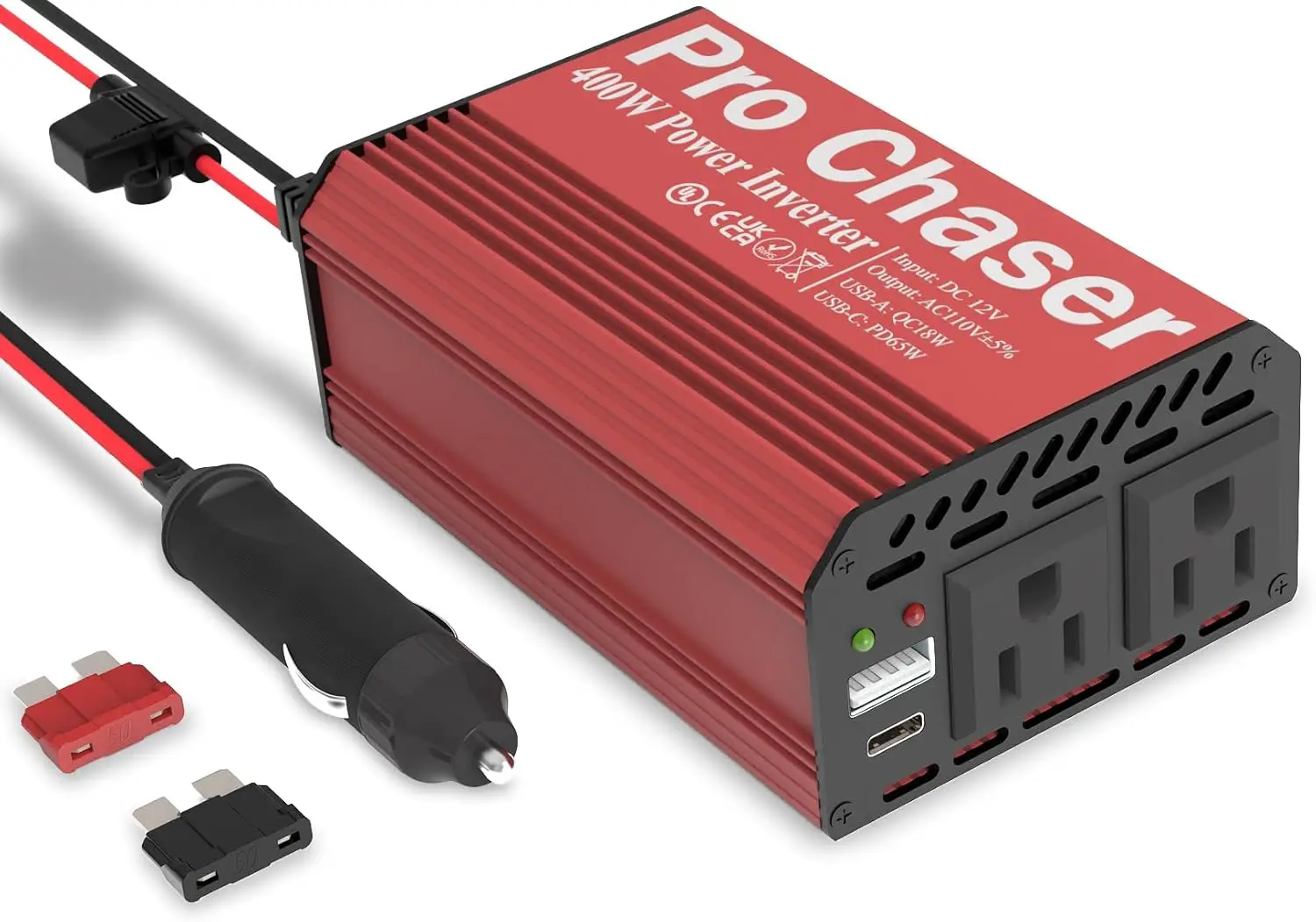 400W Car Power Inverter with Dual AC Outlets, USB-A 18W & USB-C 65W Ports, Replaceable Fuse for Road Trips