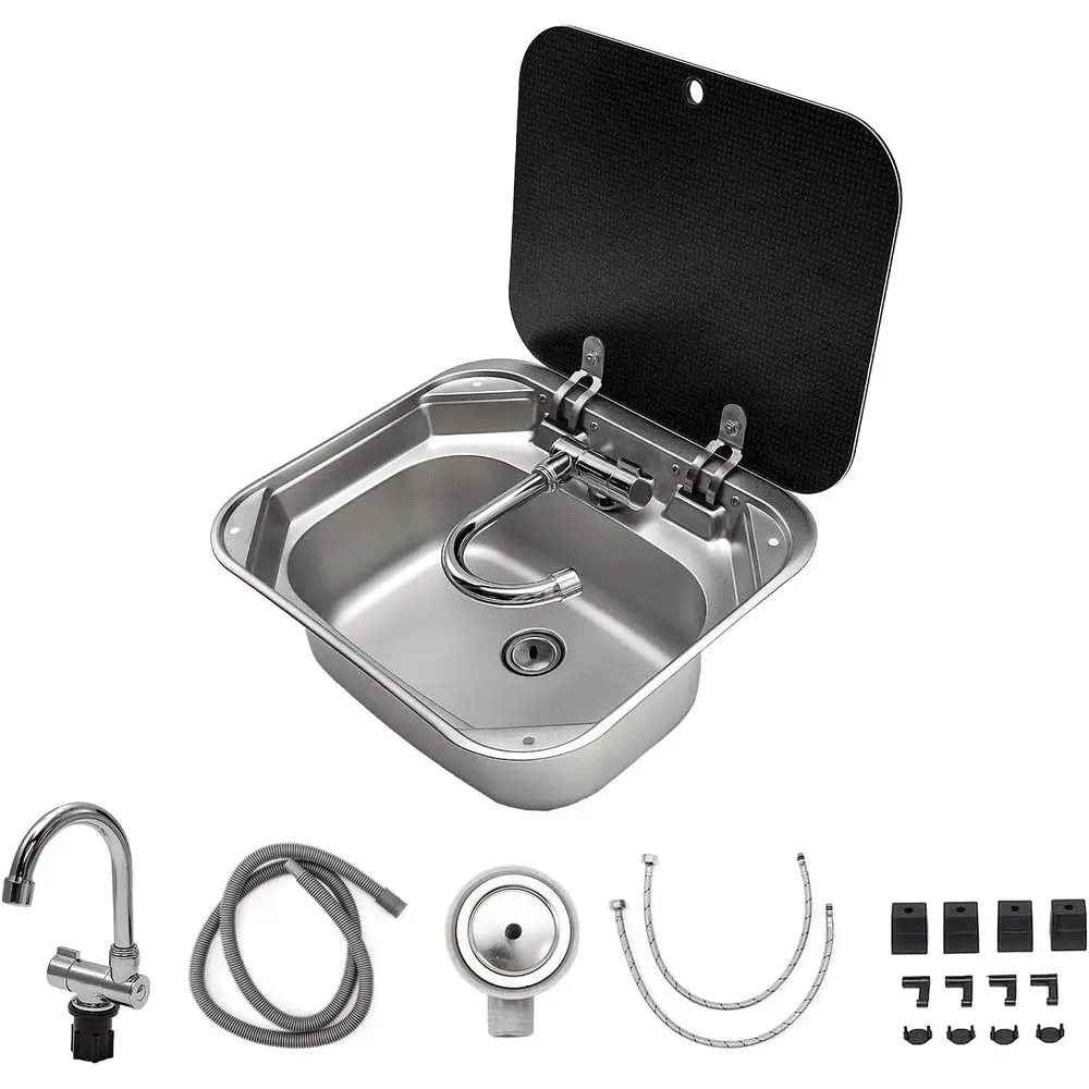 RV Sink, 16.54×14.57×5.91 Inch Small Stainless Steel Bar Camping Sink with Folde Faucet and Tempered Glass Cover for Camper Trai