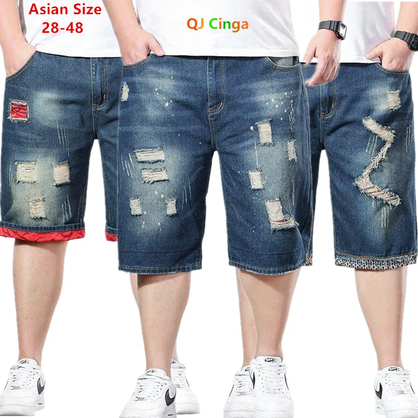 Men's Blue Denim Shorts Fashion Casual Jeans Short Pants with Pockets ripped and Scratch Decoration Asian Size 28-40 42 44 46 48