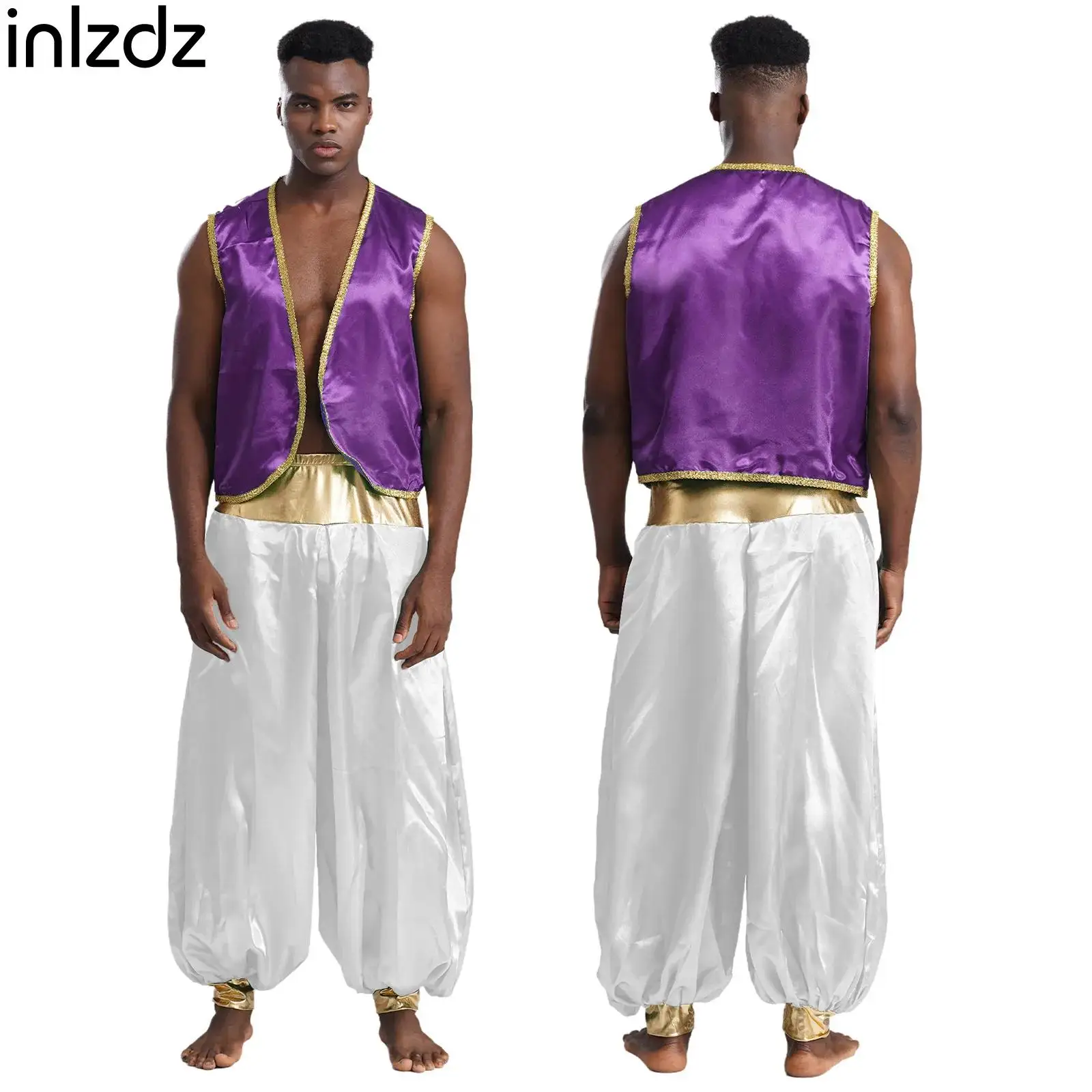 Men's Arabian Cosplay Costumes Halloween Arabian Prince Stain Vest Shiny Gold Trim Open Front Curved Waistcoat with Pants suit
