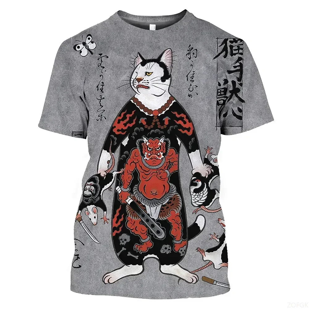 New Retro T-shirt Men's Japanese Style Short Sleeved Top 3D Cat Tattoo Printed Round Neck T-shirt Men's Clothing