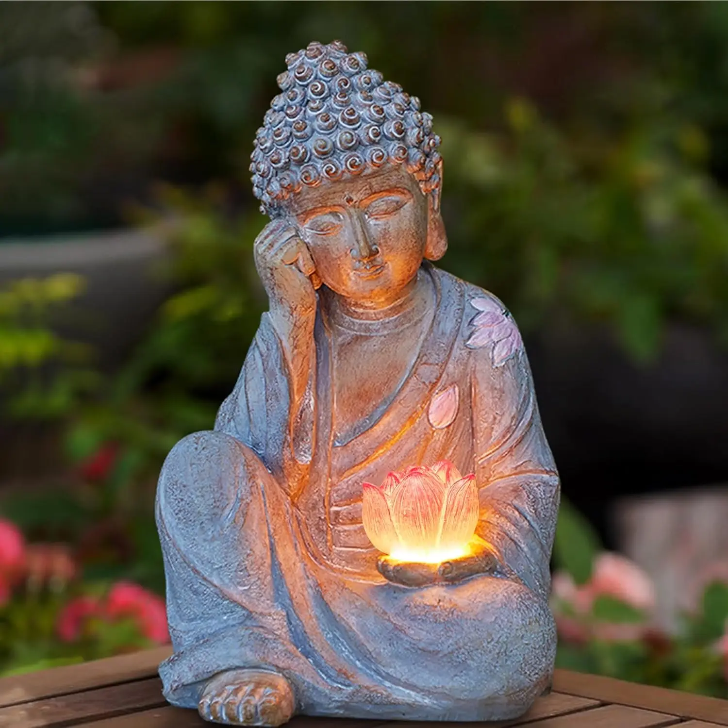 Solar Buddha Statue with Lotus Light, IP65 Waterproof Outdoor Decor for Garden, Patio, Home