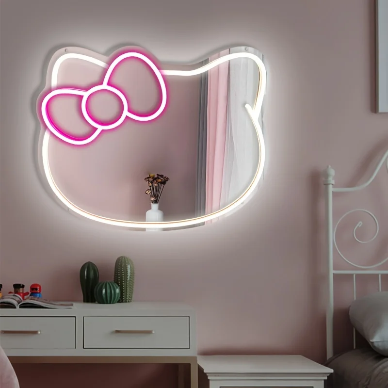 Dimmable LED Cat Mirror Neon Sign for Bedroom Dressing Room Living Room Hallway Illuminated Wall Mirror with Adjustable Light