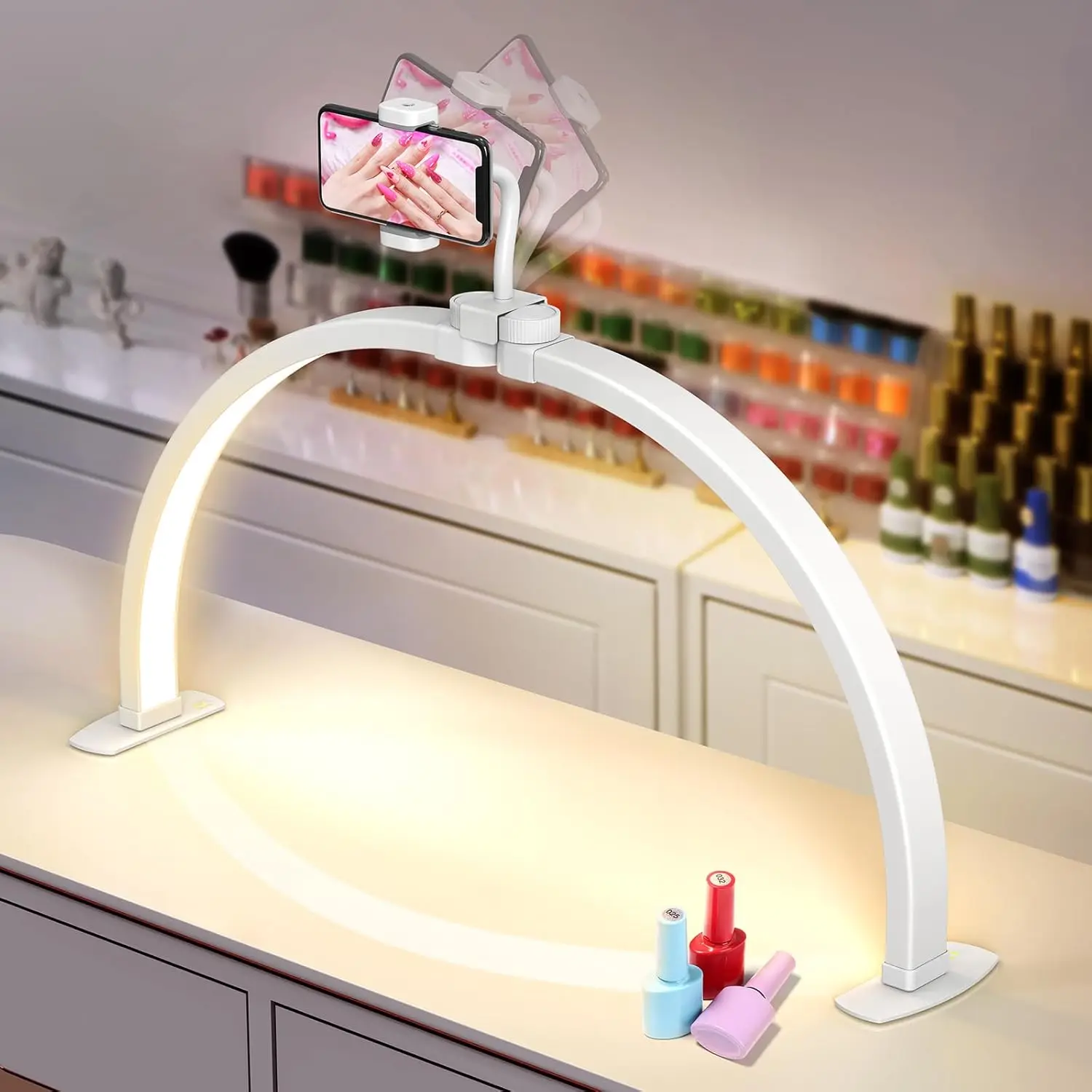 Foldable Half Moon Desk Lamp with Phone Holder, 3 Color Modes & 10 Brightness for Nail Salon