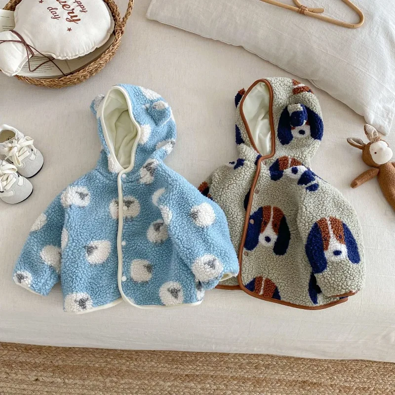 2025 Winter Kids Fleece Padded Coat 0-5T Cartoon Hooded Boys Jacket Parkas Cute Single-breasted Girls Baby Warm Loose Outerwear