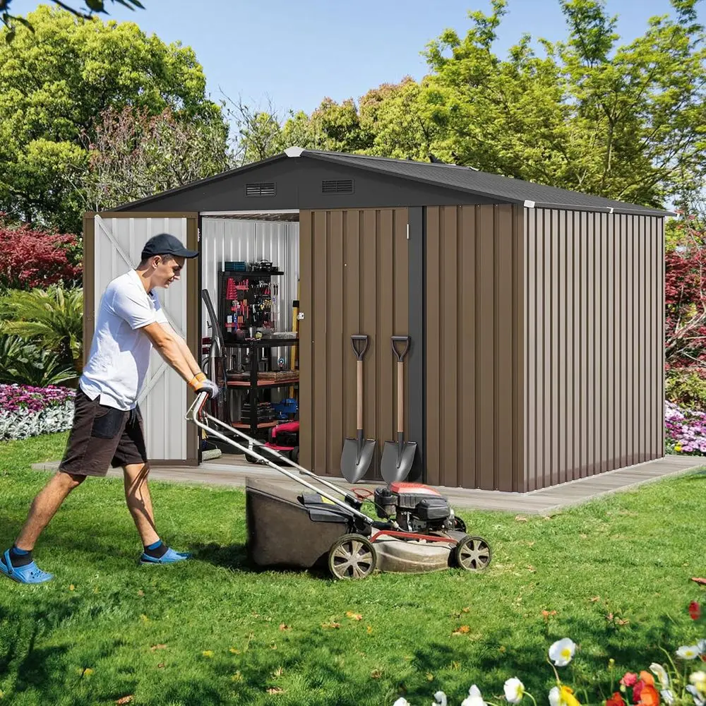 Durable 10x8 Outdoor Metal Shed for Patio, Lawn, and Garden Tool Storage - Easy Assembly, Brown