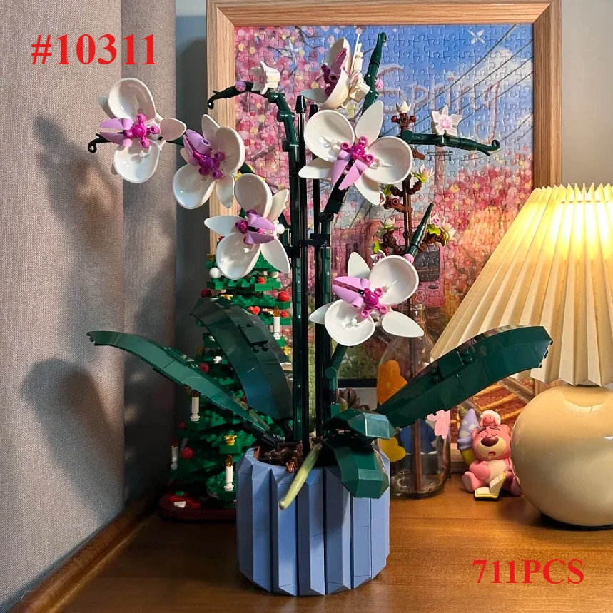 Icons Bouquet Of Artificial Flower Orchid Potted Model Building Blocks Adult Plant Series Suitable for Halloween Christmas Gifts