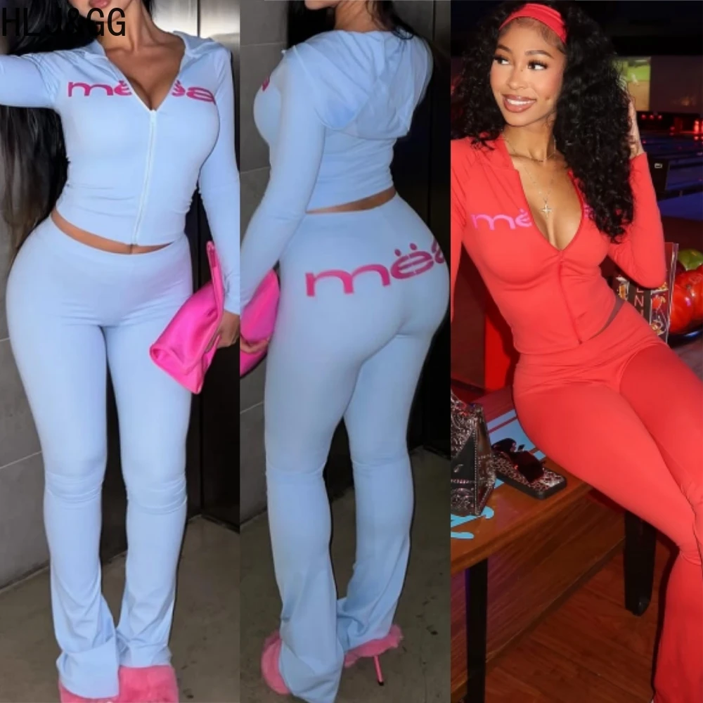 HLJ&GG Trend Y2K Letter Print Hooded Tracksuits Women Zipper Long Sleeve Slim Top And Skinny Pants Outfits Fashion Streetwear