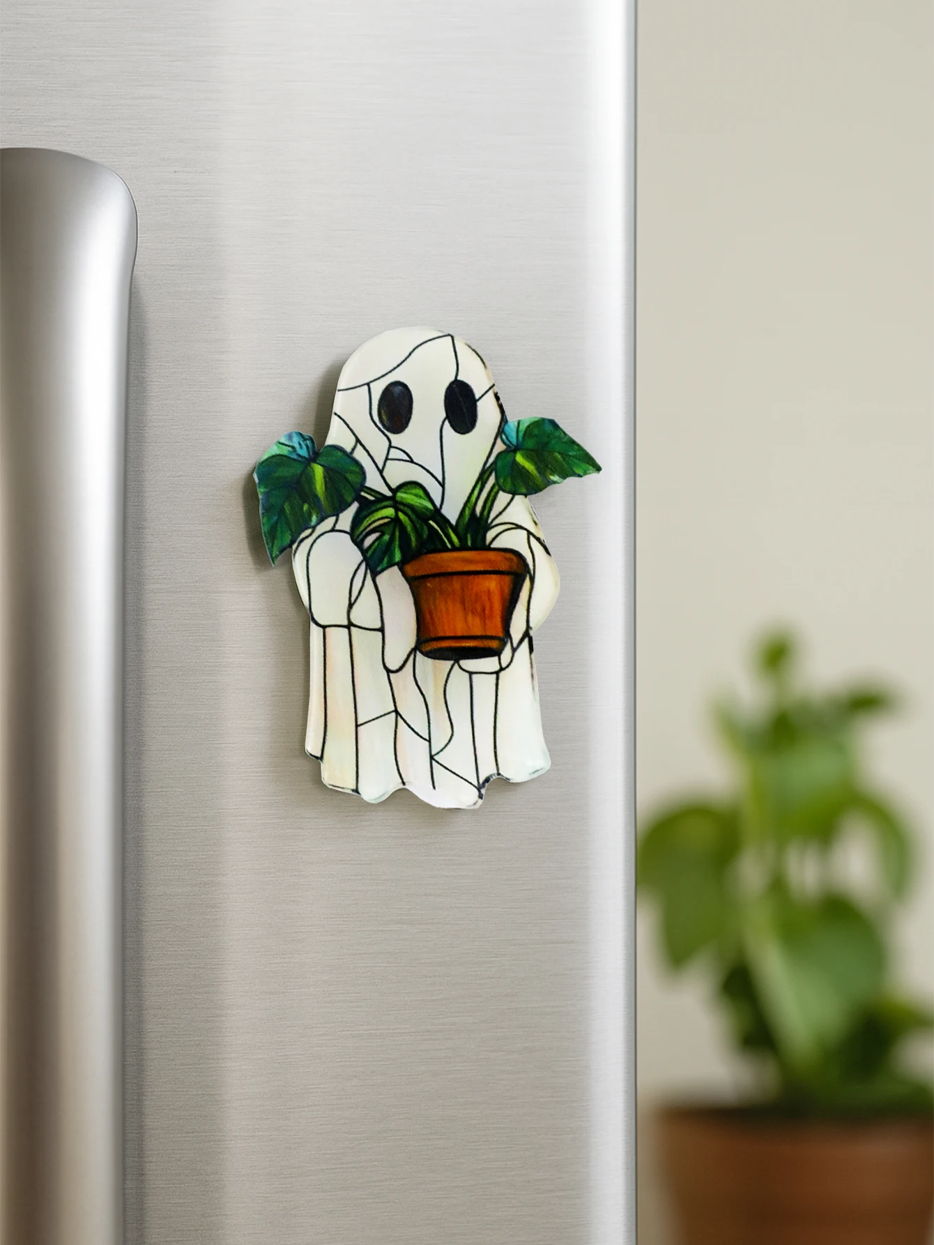 Halloween Ghost Acrylic Sticker, Cute Ghost Holding Potted Plant Design, Refrigerator & Wall Decor for Kitchen, Home Living Room