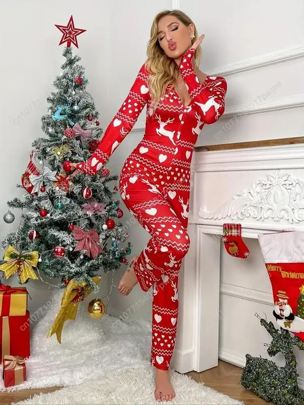Christmas Themed Women's Lounge Jumpsuit, Striped Color-Blocking Pattern Design - Cozy Long Sleeve V Neck Sleepwear for Fall & W