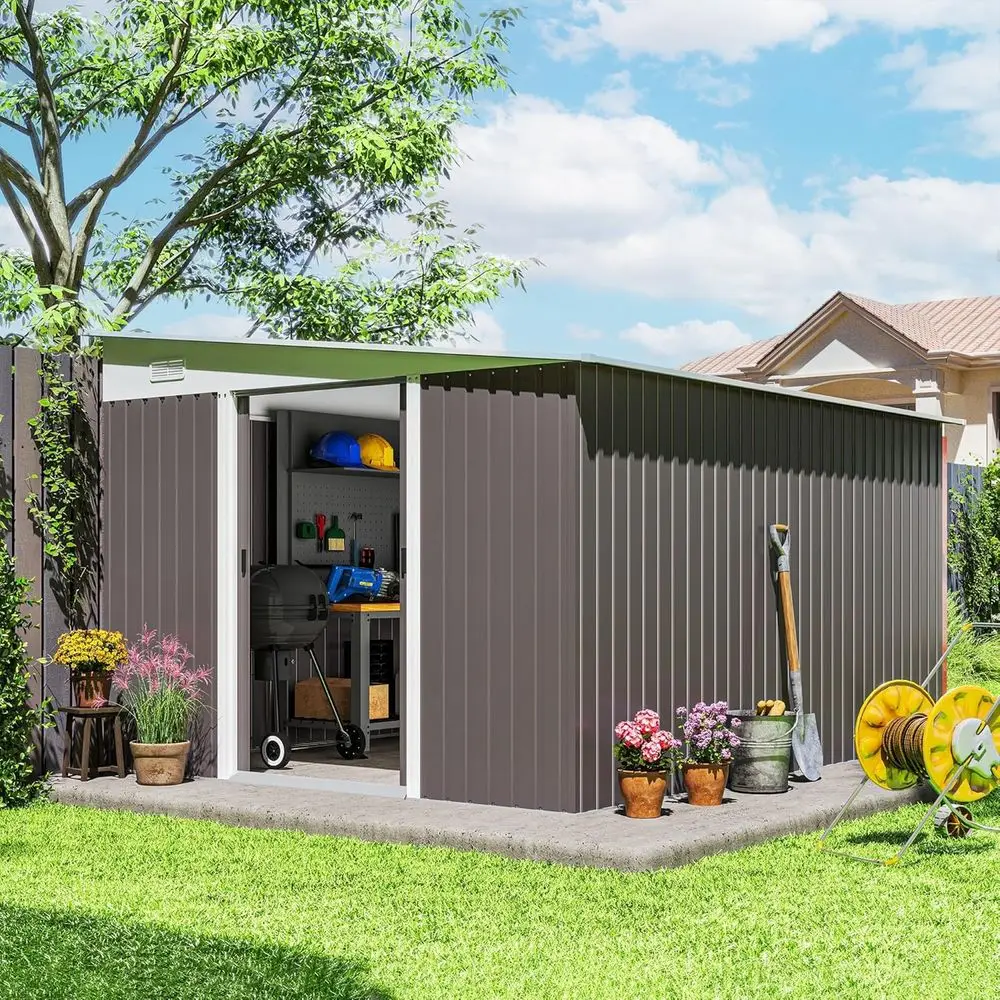 Gray Metal Outdoor Storage Shed, 11x9, with Sloping Roof, Lockable Door for Garden Tools, Bikes, Patio, and Lawn Equipment