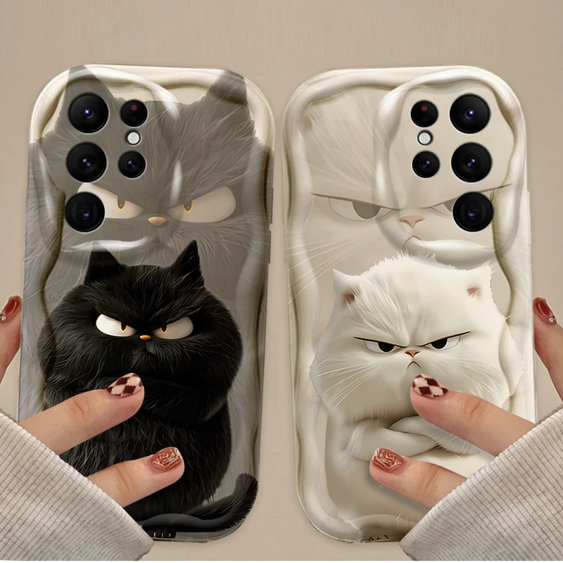 Orange Black White Cat Lovely Expression Case For Samsung Galaxy S25 S24 Ultra S23 S22 S21 S20 Plus FE A56 A36 A26 Wavy Cover