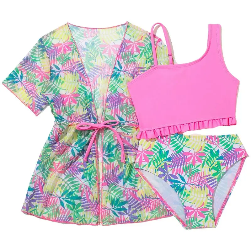 Girls 3 Packs Heart Print Cross Wrap High Waist Bikini Set With Cover Up Dress Children's Swimwear Kids Bathing Suit Beachwear