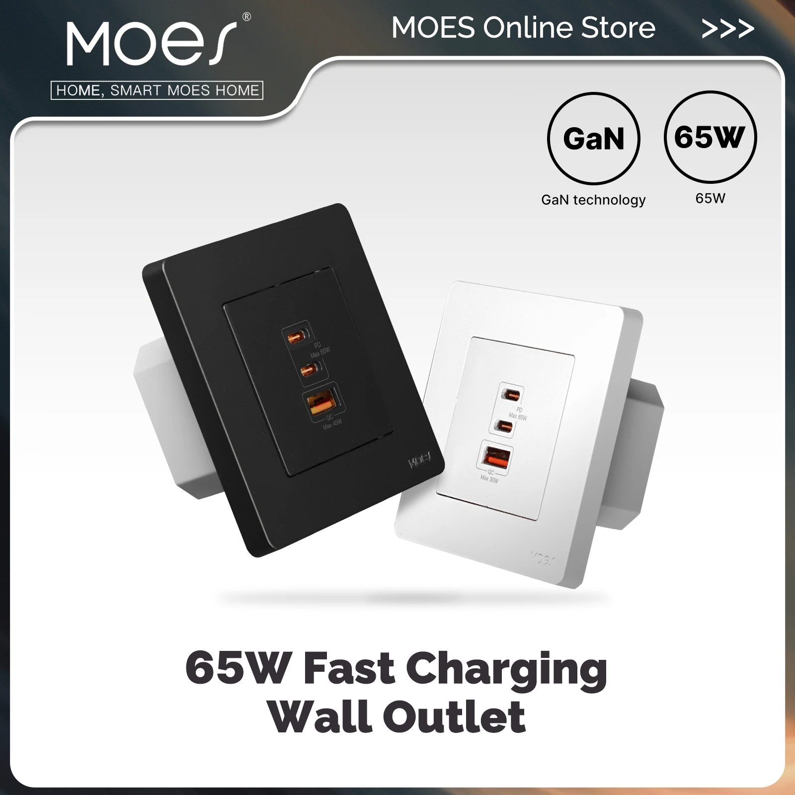 MOES Star Ring Series 65W Fast Charging PD3.0 Wall Electrical Outlet Charger GaN Socket 3 Ports Type-C USB A OverTemp Protection