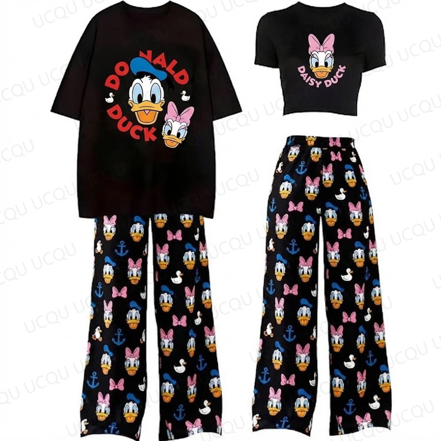 New Donald Duck & Daisy Couple Matching Pajama Set Cute Kawaii Crop Top & Short T-Shirt Sleepwear Casual Lovers Outfit