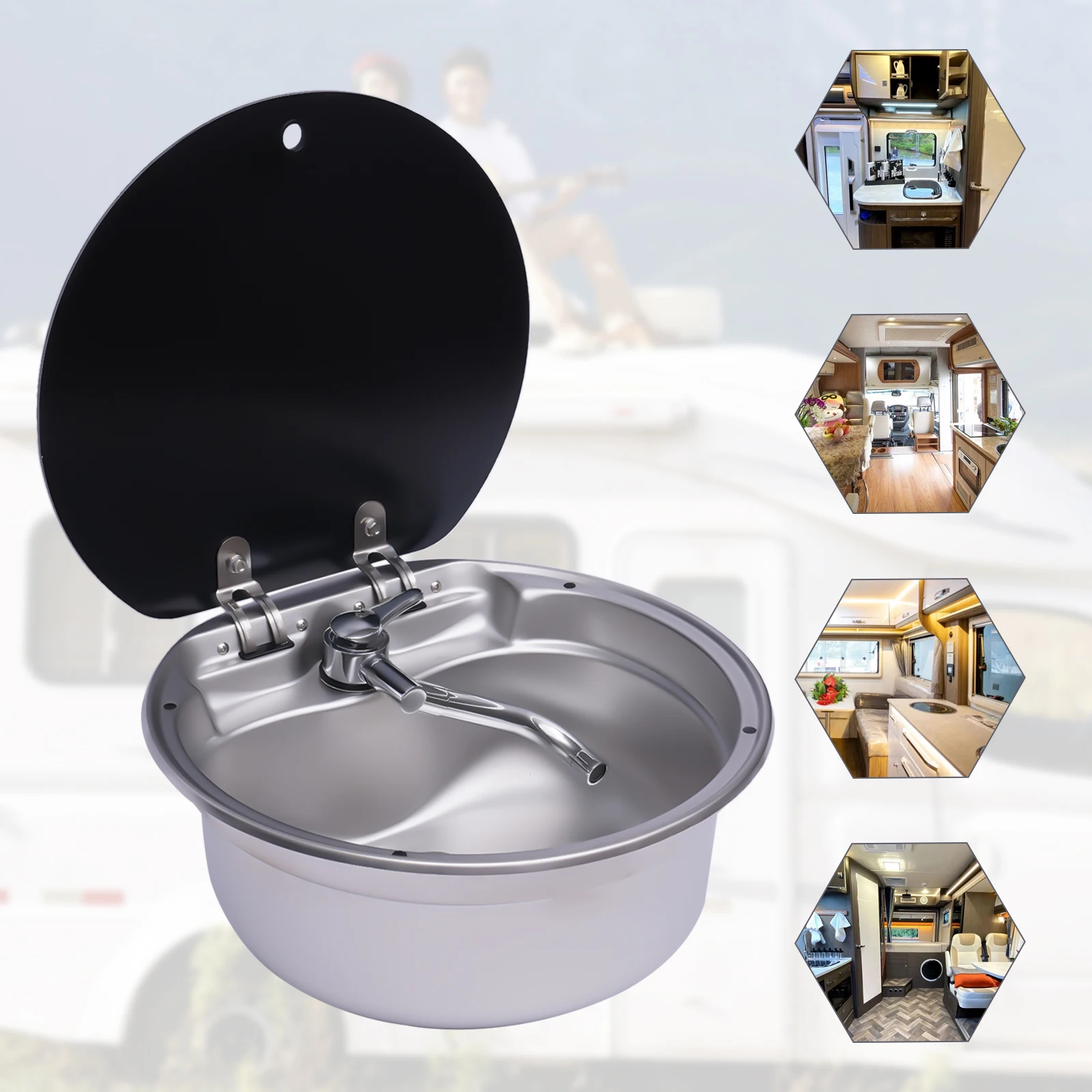 Stainless Steel RV Hand Wash Basin, Round Kitchen Sink, with Lid & Tap, Caravan Camper Van Boat Sink, Hot Cold Faucet