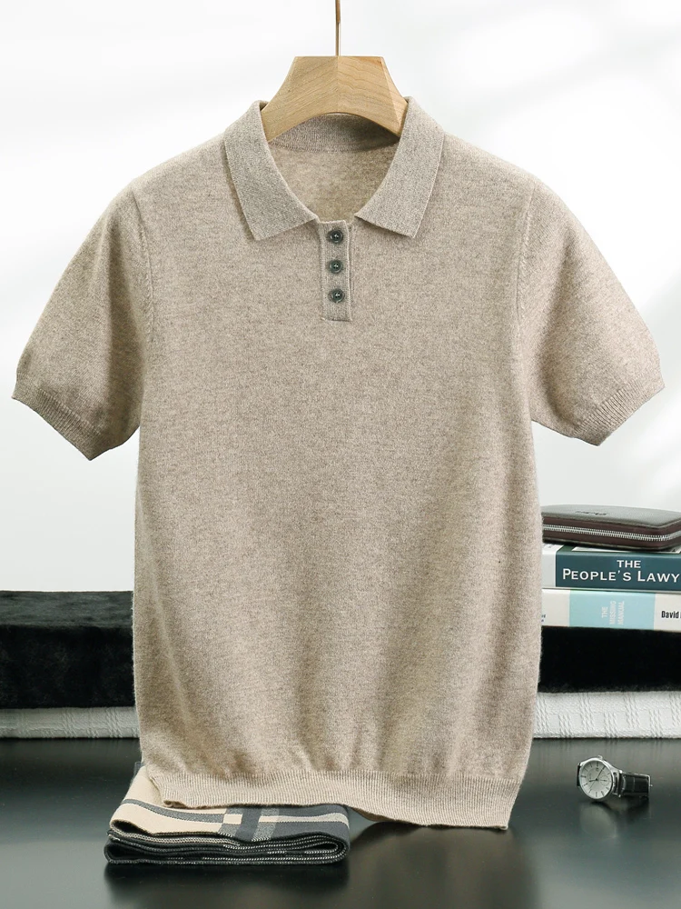 Men's Summer Cashmere Polo T-shirt Short Sleeve Pullover 100% Cashmere Sweater Smart Casual Knitwear Soft Comfy ClothingTops