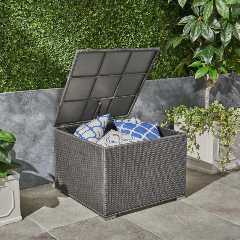 Dark Gray Rattan Outdoor Storage Box with Lid Waterproof Patio Cushion Organizer Multifunctional Garden Storage Chest Furniture