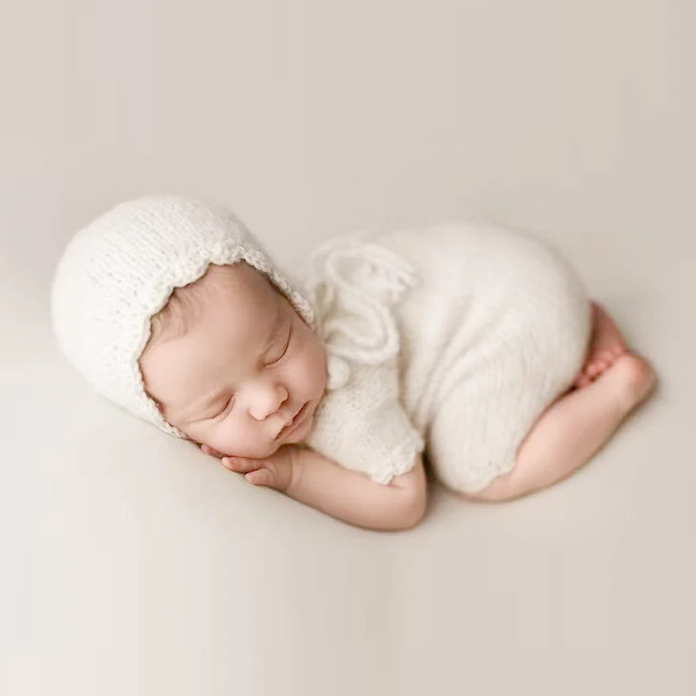 Newborn Photography Props Baby Jumpsuit Hat Photoshoot Clothing Short Sleeve Two-piece Knitted Mohair Fur Romper Baby Costume