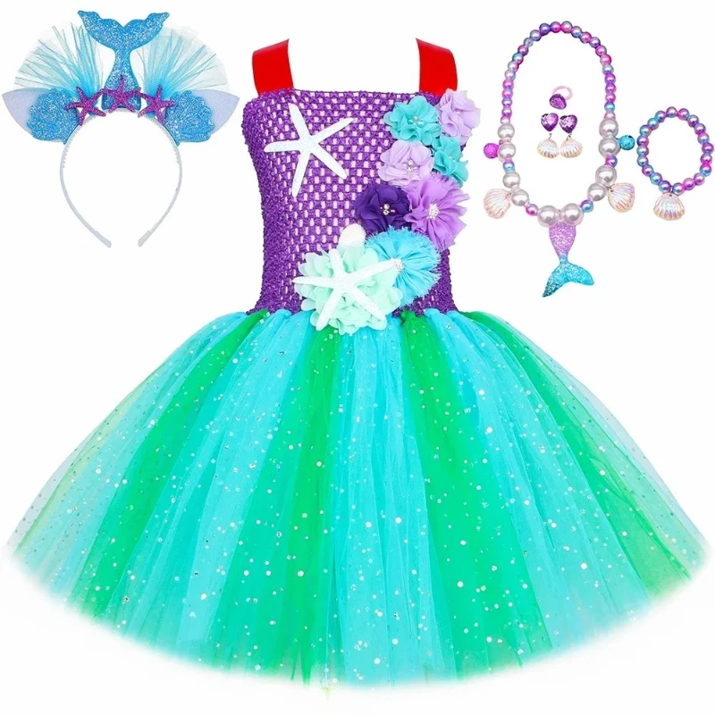 Little Mermaid Princess Costume Sparkling Floral Mermaid Ballet Dress Set Toddler Children's Halloween Birthday Party Dress