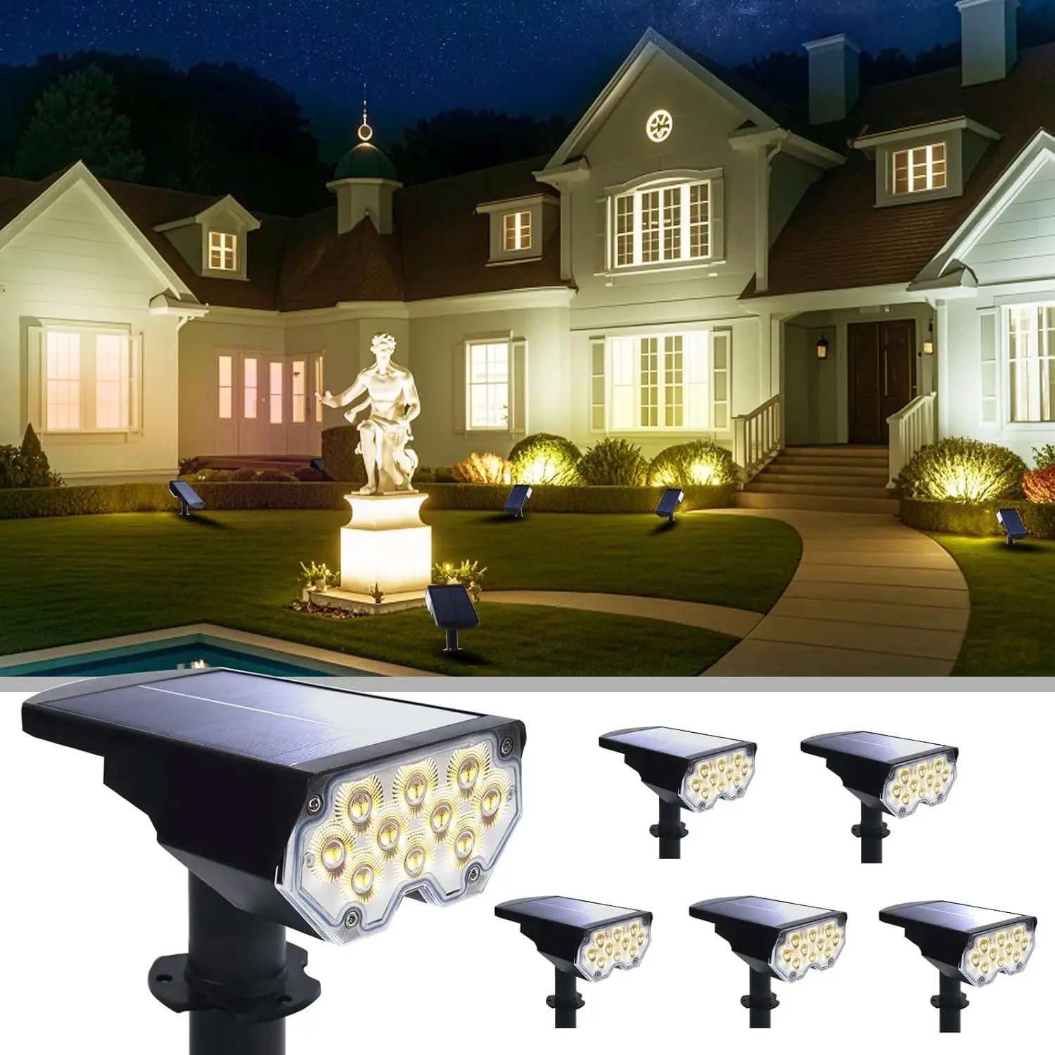 6 Pack Solar Outdoor Spot Lights Waterproof 20 LEDs Dusk to Dawn for Garden Yard Path Warm White