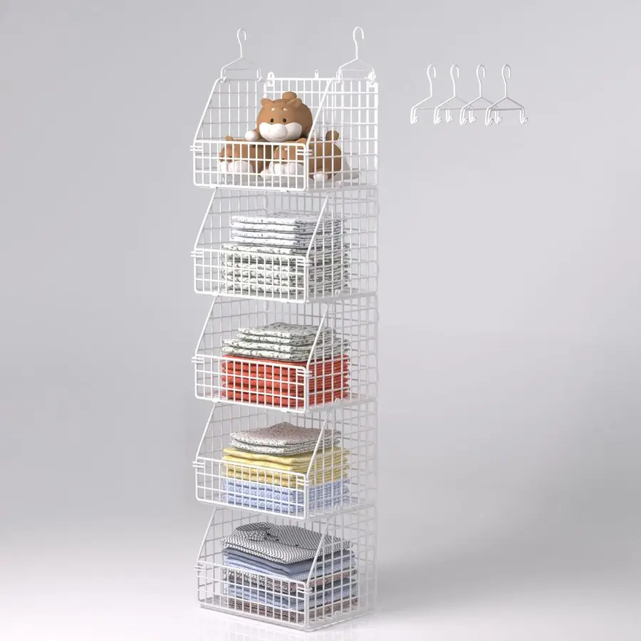 Hanging Closet Organizer and Storage, Clothes Hanging Shelves Wire Baskets for Clothing Sweaters Purse Handbags Shoes White 5 Ti