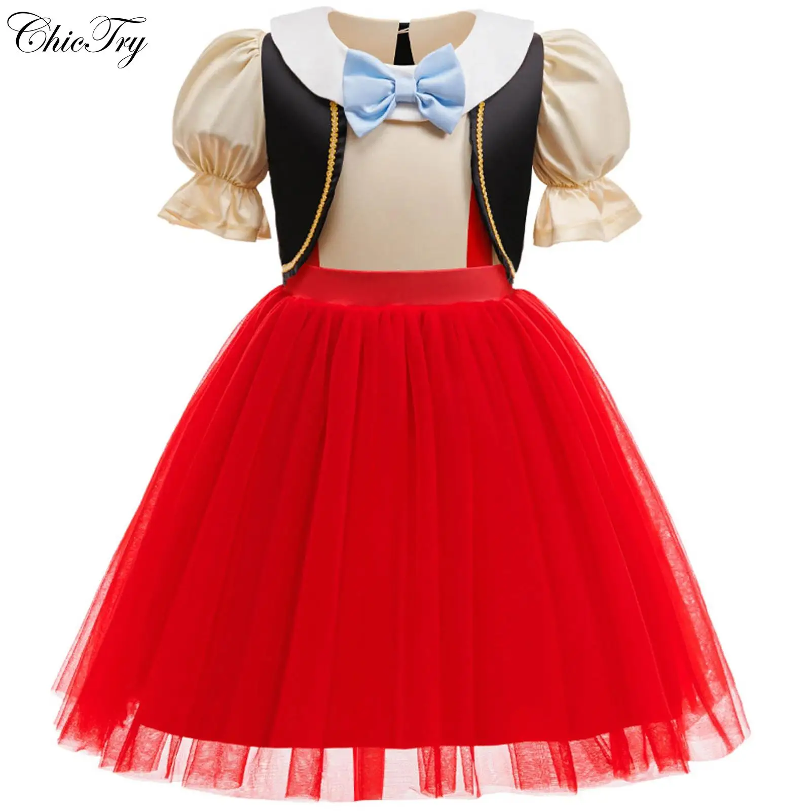 Kids Girls Movie Characters Cosplay Costume Puffy Short Sleeve Bow Tie Mesh Ruffled Leotard Dress with Braided Tape Vest Suit