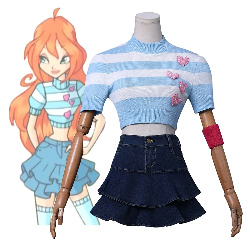 Anime Bloom Stella Cosplay Costume Blue Striped Crop Top Sweater Mini Skirt Women Role Play Outfit Halloween Carnival Party Suit