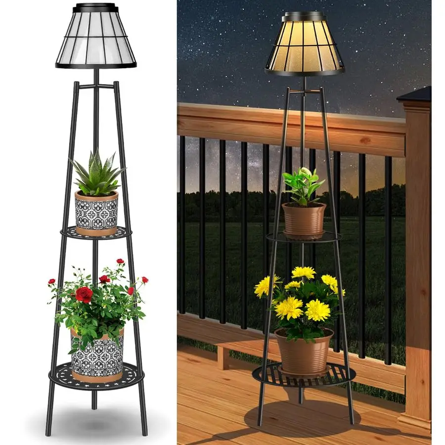 Pack 45.5 Outdoor Floor Lamps with 2 Tier Plant Stand, Solar Powered Metal Waterproof Lights for Patio Deck Yard Garden Porch De