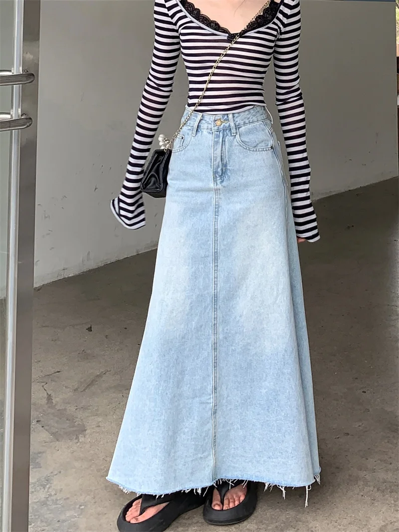 2025 Trend Women's Y2K Jeans Skirt - Light Blue High Waist Denim Maxi Skirt Retro Coquette Street Style 2641