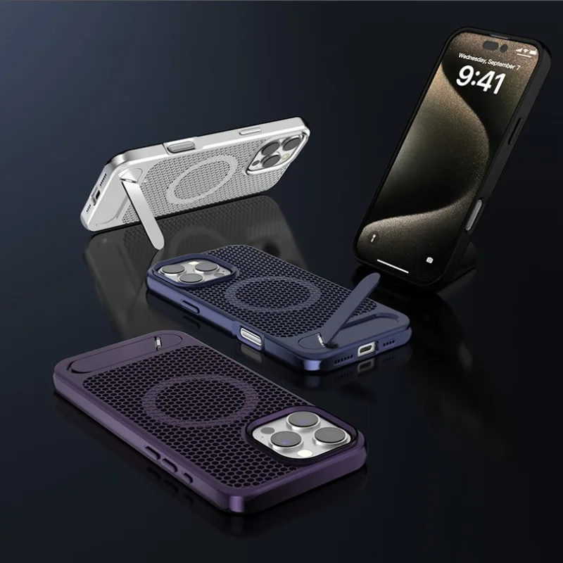3D hollow Honeycomb Cooling Magnetic Phone Case for iPhone 12 13 14 15 16 Pro Max Plus with Stand Hard Cover Slim Hard