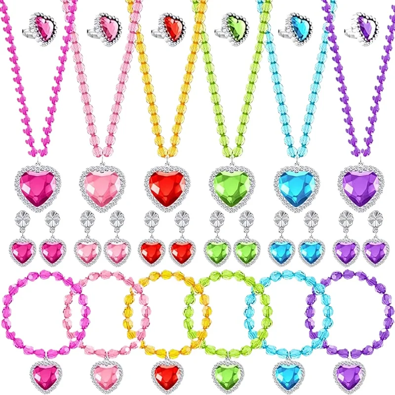 Girl Dress Up Jewelry Toddler Princess Ring Earrings Bracelets Necklaces Kids Costume Jewelry Set for Girl Tea Costume Party