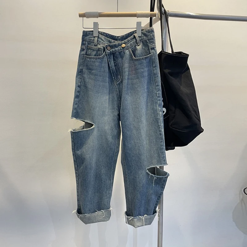 Summer Women Ripped Jeans High Waisted Zipper Hole Ankle-length Trousers Korean Casual Fashion Loose Female Blue Denim Pants