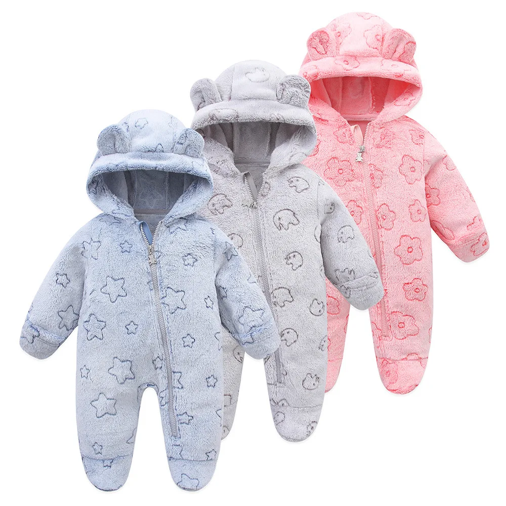 Newborn Baby Autumn Winter Soft Flannel Romper Toddler Cute Cartoon Hooded Zipper Warm One-piece Rompers Infant Playsuit