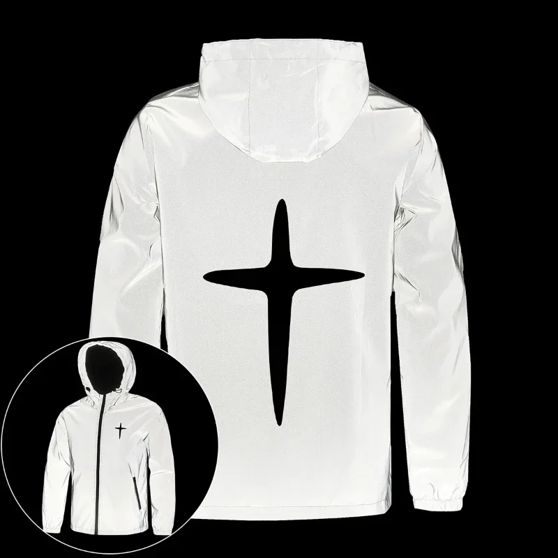 Men's Casual Streetwear Night Reflective Jackets Cross Print Windproof Hip Hop Hooded Luminous Coat for Running Cycling Safety